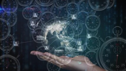 Animation of data processing, networks of connections and globe over multiple clocks moving fast