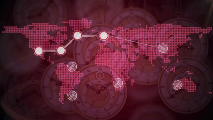 Animation of networks of connections and world map over multiple clocks moving fast