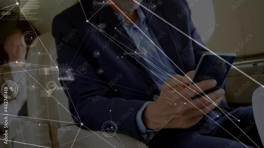 Poster Animation of networks of connections over mixed race businessman using smartphone on plane