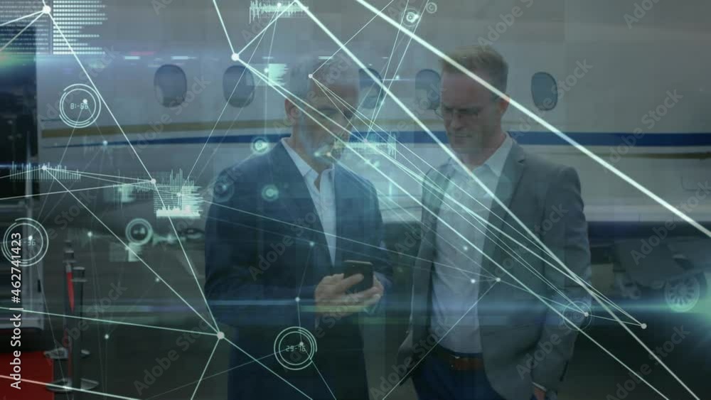 Wall mural Animation of networks of connections over diverse business people using smartphone at airport