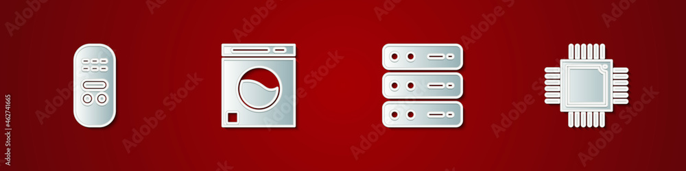 Poster set remote control, washer, server, data, web hosting and processor with microcircuits cpu icon. vec