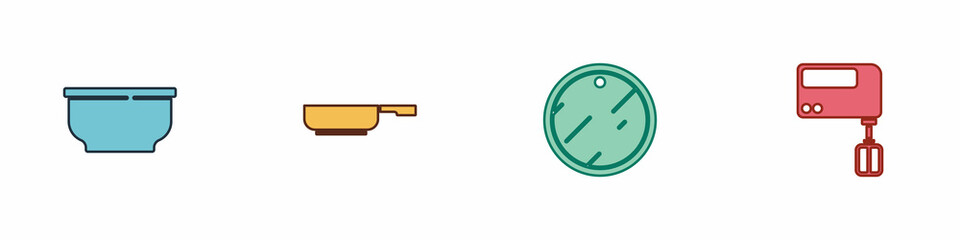 Set Bowl, Frying pan, Cutting board and Electric mixer icon. Vector