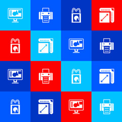 Set Computer monitor screen, Printer, Paper shopping bag and size icon. Vector
