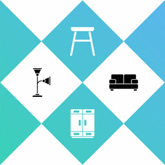 Set Floor lamp, Wardrobe, Chair and Sofa icon. Vector