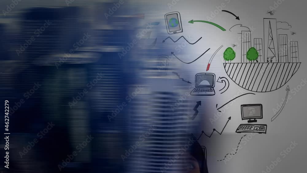 Poster animation of hand drawn computer and internet symbols seen through hole on black background