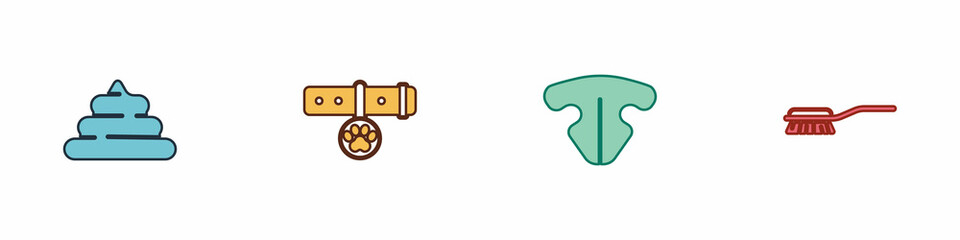 Set Shit, Collar with name tag, Cat nose and Hair brush for dog and cat icon. Vector