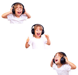 A very emotional pretty little girl in big headphones. Collage of photos of different emotions.