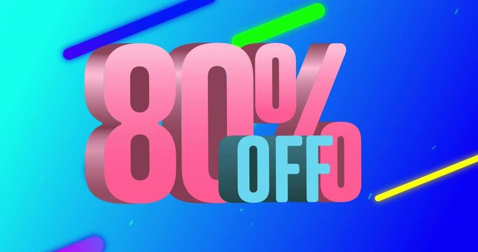 Animation of 80 percent off on blue background with colorful shapes
