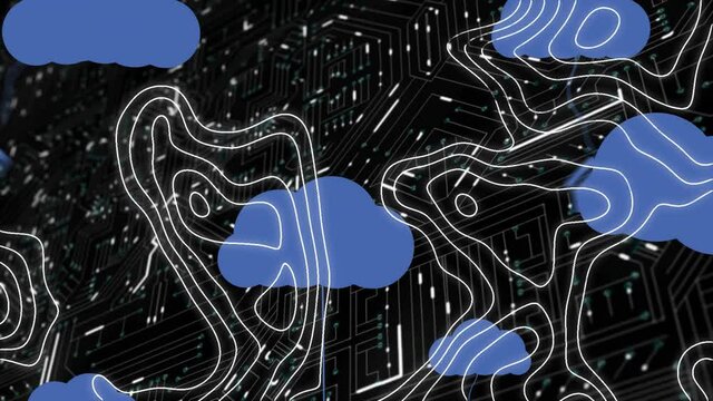 Animation of isohypses and clouds and moving shapes on black background