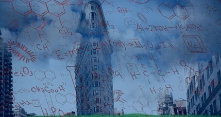 Animation of chemical formulas on cityscape background - Powered by Adobe