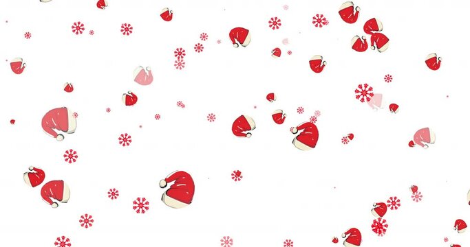 Animation of falling snowflakes and santa hats on white background