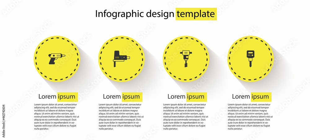 Sticker Set Electric cordless screwdriver, jigsaw, Electrical hand concrete mixer and Construction jackhammer. Business infographic template. Vector