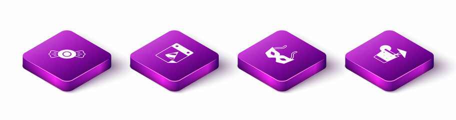 Set Isometric Candy, Calendar party, Festive mask and Cocktail icon. Vector