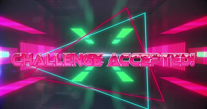 Animation of challenge accepted text over moving digital tunnel
