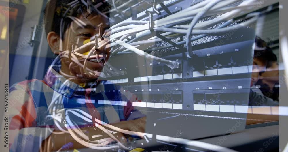 Poster animation of computer server over students using computers