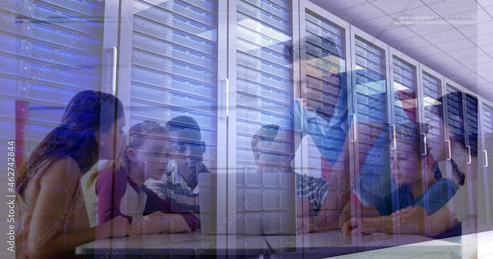 Poster animation of computer server over students and teacher