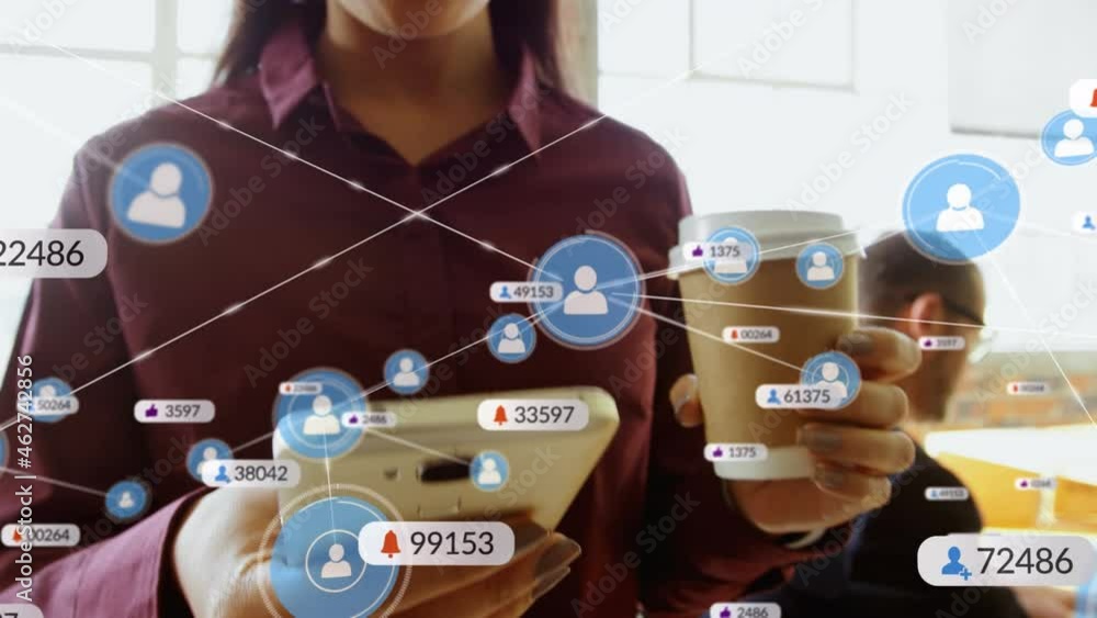 Aufkleber animation of network of connection with icons over woman using smartphone