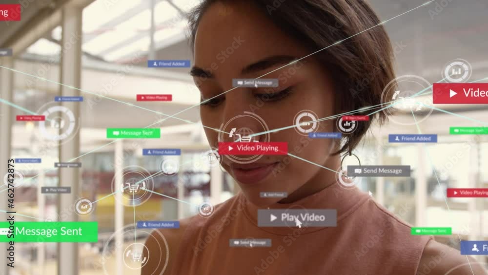 Poster animation of network of connection with icons over woman using smartphone