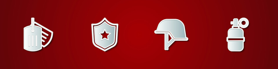 Set Military dog tag, Police badge, helmet and Hand grenade icon. Vector