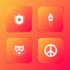 Set Police badge, Torch flame, Gas mask and Peace icon. Vector