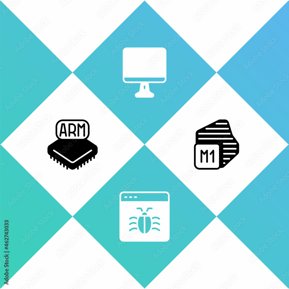 Poster set processor, system bug, computer monitor screen and icon. vector