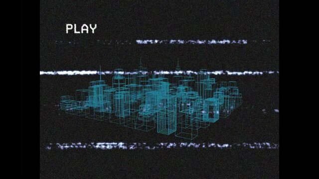 Animation of play screen over 3d city drawing spinning on black background