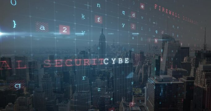 Animation of cyber crime text over cityscape