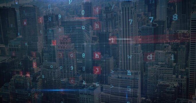 Animation of cyber crime text over cityscape