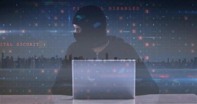 Animation of cyber crime text over hacker in balaclava