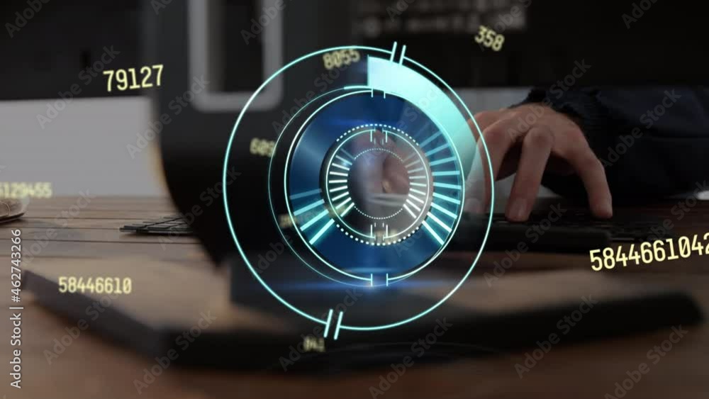 Poster animation of scope scanning over numbers and person using keyboard