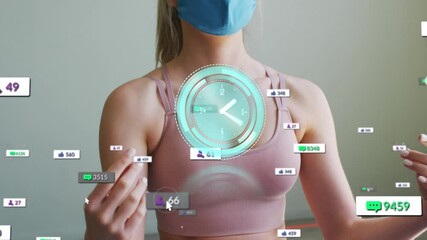 Animation of clock over social media icons and woman meditating in face mask - Powered by Adobe