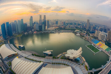 Singapore, Aerial view of Singapore Marina bay at sunset