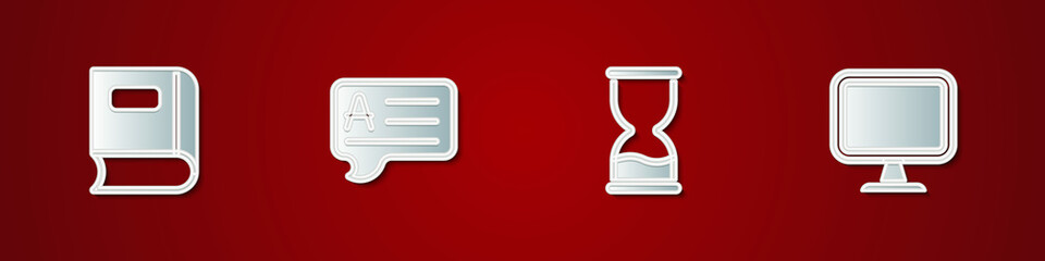 Set Book, Speech bubbles with Answer, Old hourglass and Computer monitor icon. Vector