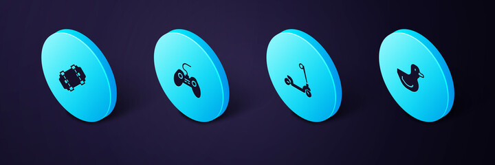 Set Isometric Rubber duck, Roller scooter, Gamepad and Skateboard icon. Vector © vector_v
