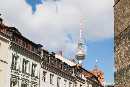 Germany, Berlin, Nicholas Quarter, St. Nicholas Church, TV Tower and Rotes Rathaus