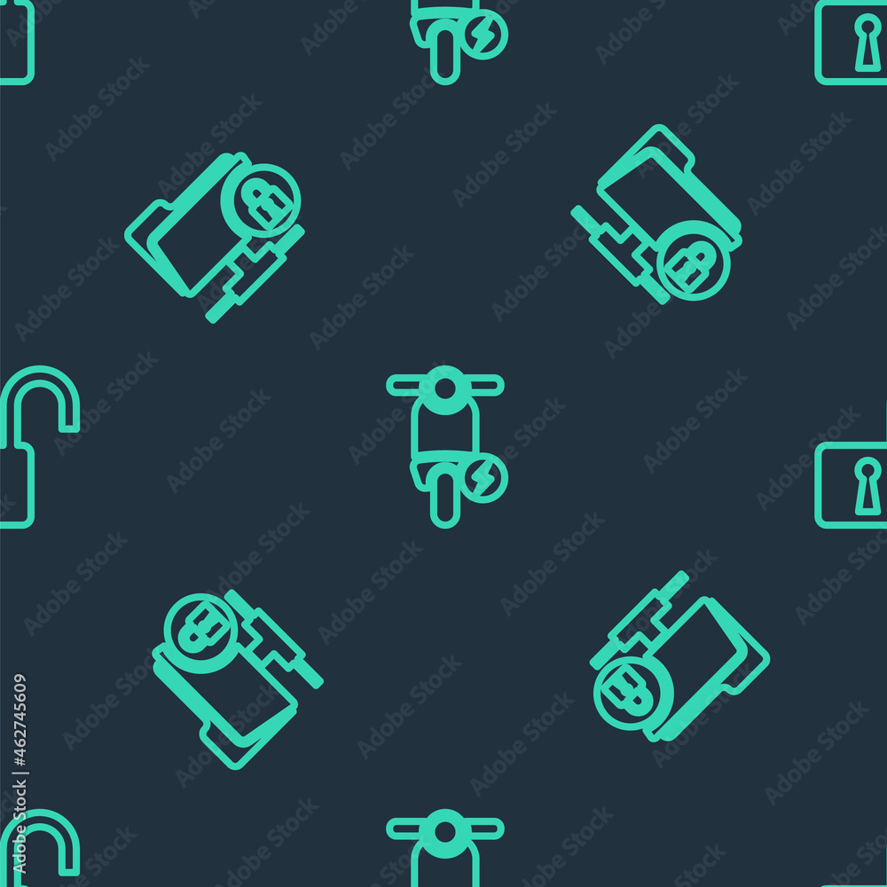 Poster set line electric scooter, ftp folder and lock and open padlock on seamless pattern. vector