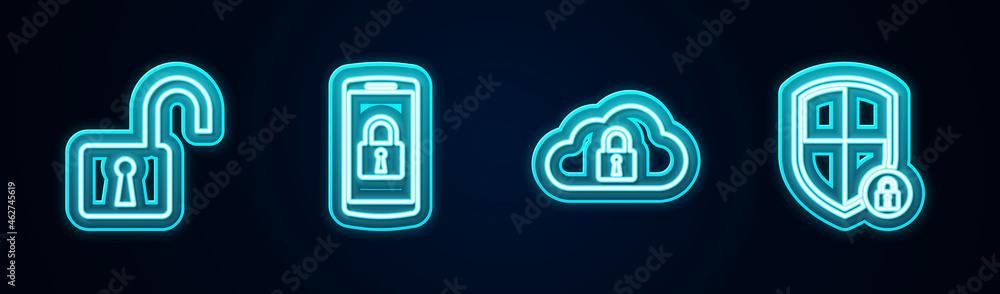 Poster set line open padlock, smartphone with, cloud computing and shield security. glowing neon icon. vect