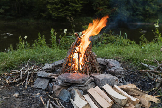 Campfire burning in stone circle