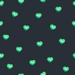 Vector seamless pattern. Green heart in low poly style on a dark background. For logos, icons in the form of social networks, holiday cards, wedding invitations.