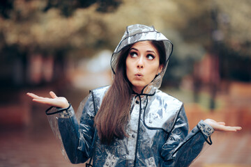Curious Woman Shrugging Standing in the Rain 