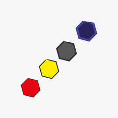 Colored grunge hexagon set. Diagonal arrangement. Ink art. Abstract geometric figure. Vector illustration. Stock image. 