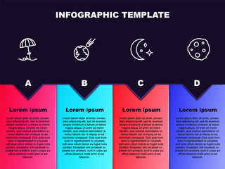 Set line Sun protective umbrella for beach, Comet falling down fast, Moon and stars and . Business infographic template. Vector