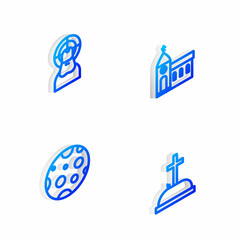 Set Isometric line Church building, Jesus Christ, Moon and Tombstone with cross icon. Vector