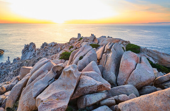 Italy, Province of Sassari, Santa Teresa Gallura, Rocky shore of Cape Testa at sunset