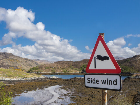 Great Britain, Scotland, Northwest Highlands, near Kylesku, landscape with sign warning of side wind