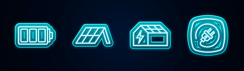 Obraz premium Set line Battery, Solar energy panel, and Electric plug. Glowing neon icon. Vector