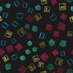 Set line Laptop, Processor, Code terminal and MySQL code on seamless pattern. Vector