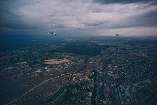 Spain, Madrid, Police helicopters flying above city