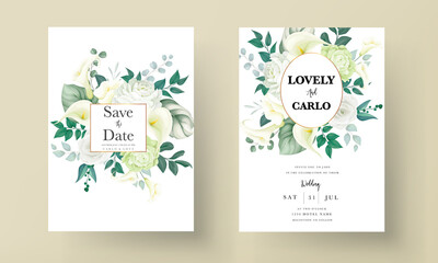 Fototapeta na wymiar luxury greenery lily and rose flower wedding invitation card