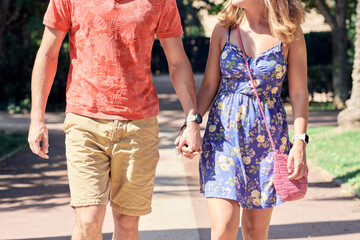 Young couple walking hand in hand through a park
